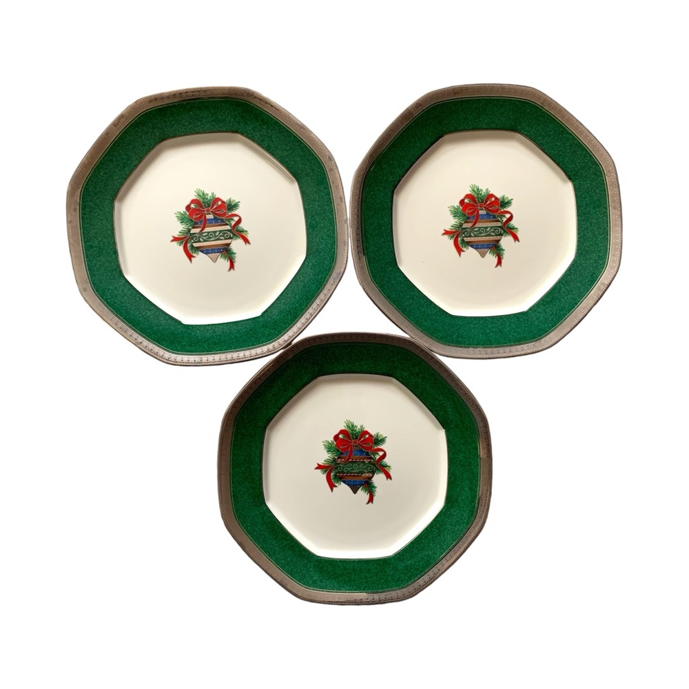 Mikasa Christmas Pine Ornament 9" Gold Trim Octagonal Plate Set of 3 Dinnerware